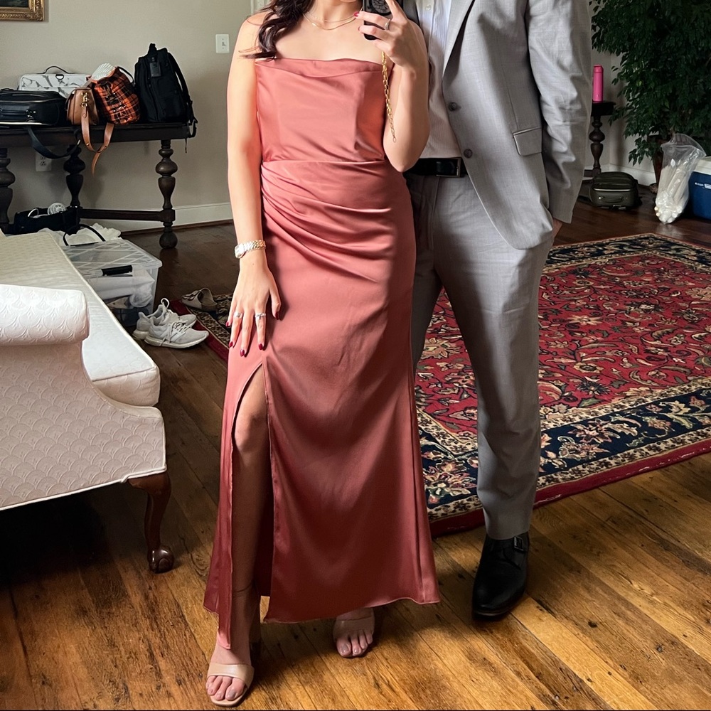 Azazie Bridesmaid Dress - Satin, Cedar Rose Size 4